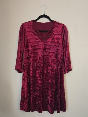 Crushed Velvet V-Neck Swing Dress in Wine